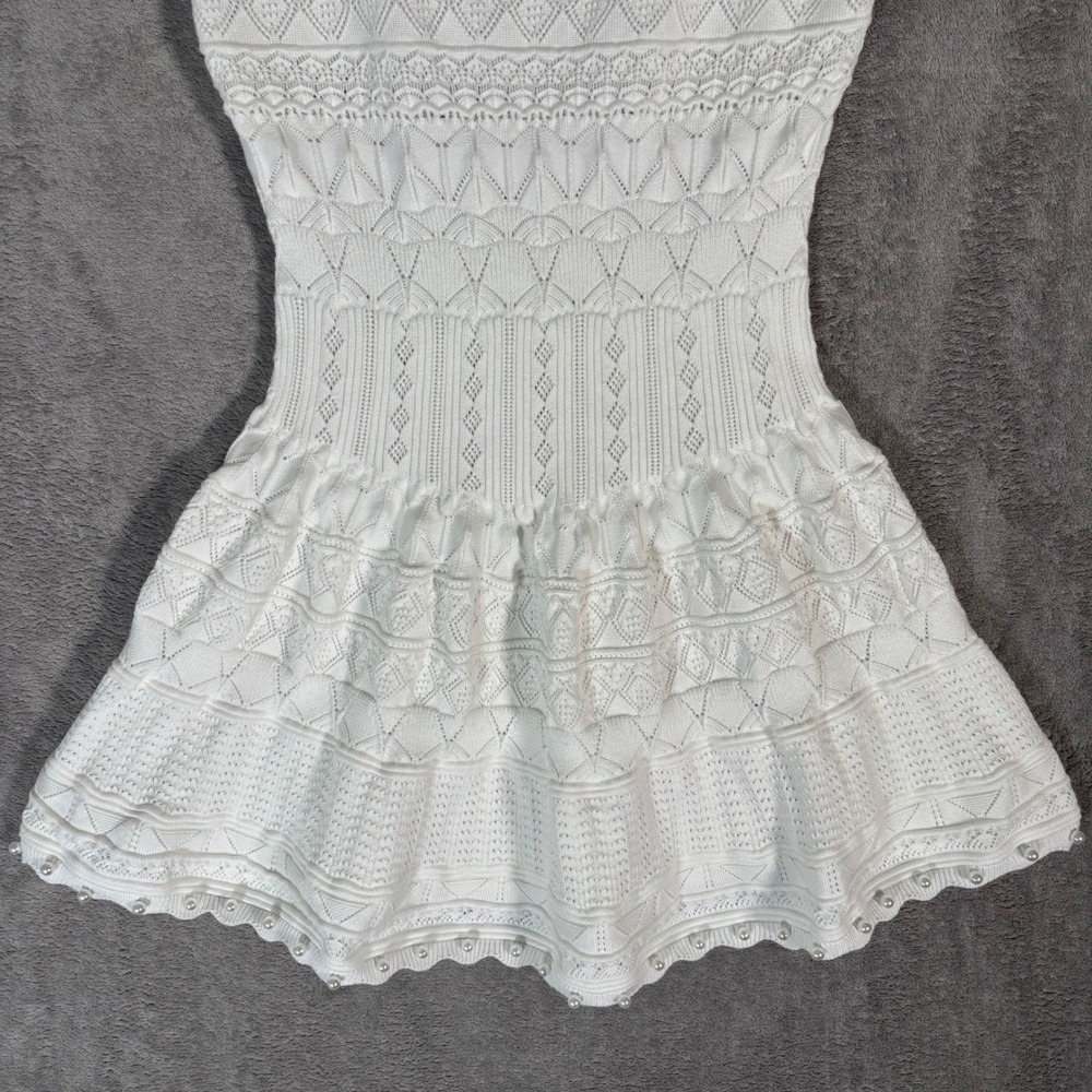 Ancosti White Pointelle Knit Pearl Embellished Fit Flare Mini Dress Angelcore S - Picture 4 of 11